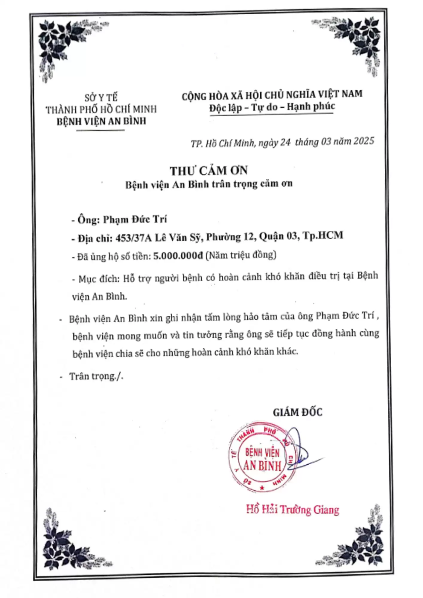 Thư cám ơn Ông Phạm Đức Trí hỗ trợ người bệnh có hoàn cảnh khó khăn điều trị tại Bệnh viện An Bình