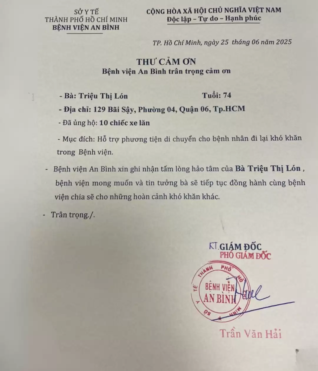 Thư cám ơn Bà Triệu Thị Lón hỗ trợ phương tiện di chuyển cho bệnh nhân đi lại khó khăn trong bệnh viện