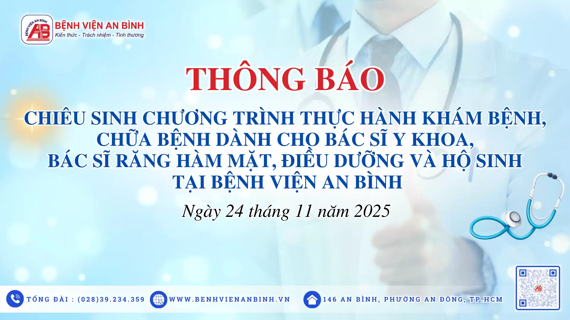 Thông báo chiêu sinh chương trình thực hành khám bệnh, chữa bệnh dành cho Bác sĩ y khoa, Bác sĩ răng hàm mặt, Điều dưỡng và Hộ sinh tại Bệnh viện An Bình