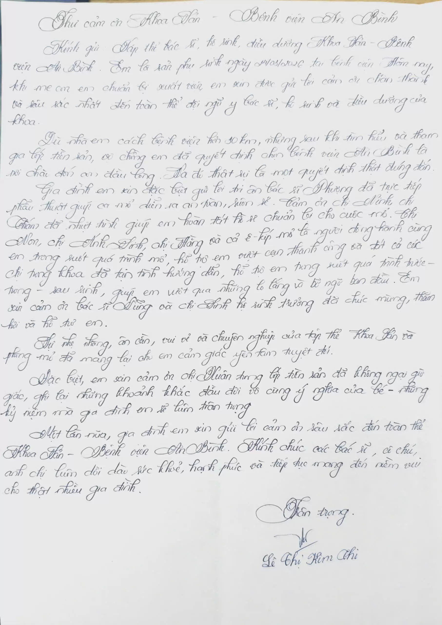 Thư cám ơn tập thể Bác sĩ, Điều dưỡng, Hộ sinh Khoa Phụ sản Bệnh viện An Bình