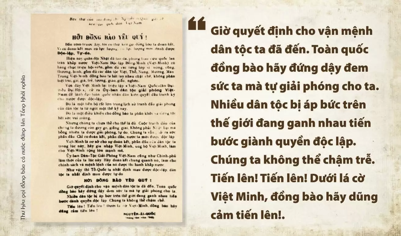 Ngày 18/8/1945, Chủ tịch Hồ Chí Minh gửi thư kêu gọi đồng bào cả nước đứng lên tổng khởi nghĩa.