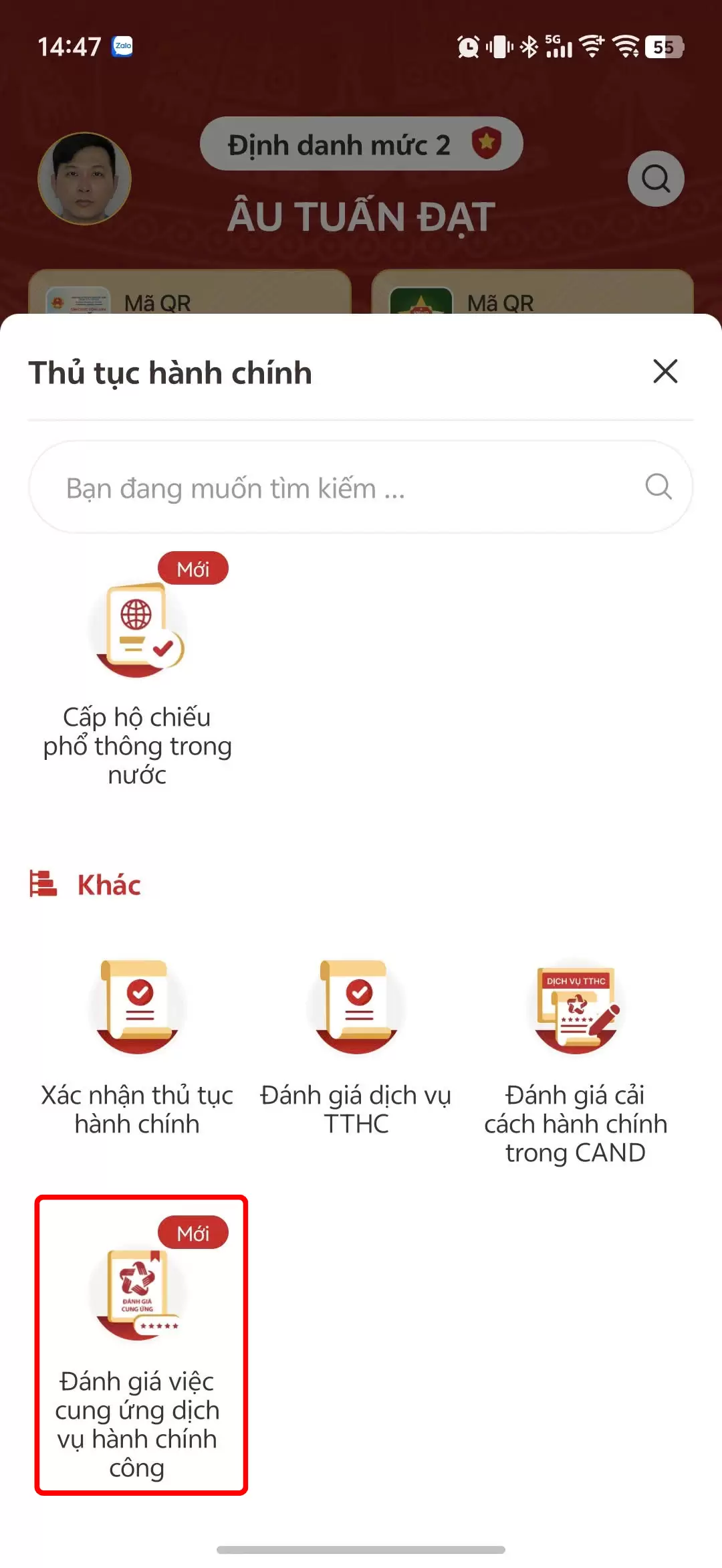 Hướng dẫn thực hiện chức năng “Đánh giá việc cung ứng dịch vụ hành chính công” trên ứng dụng VNeID