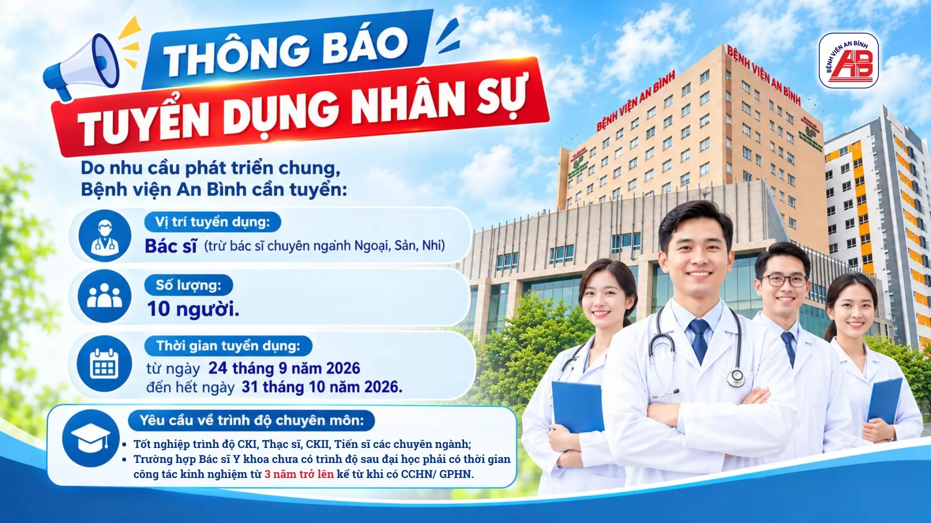 Thông báo tuyển dụng Bác sĩ (Trừ bác sĩ chuyên ngành Ngoại, Sản, Nhi)