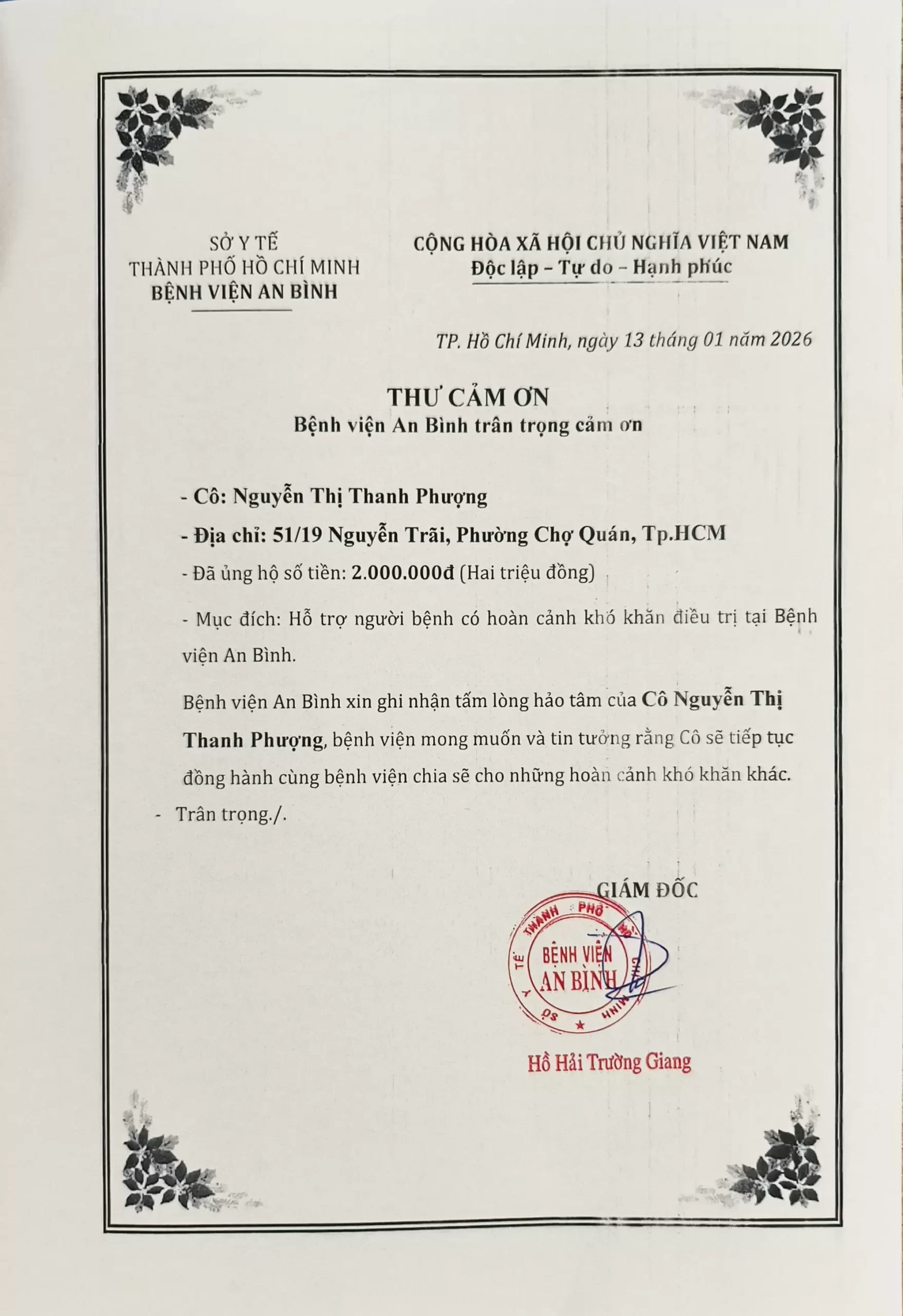 Thư cám ơn Cô Nguyễn Thị Thanh Phượng