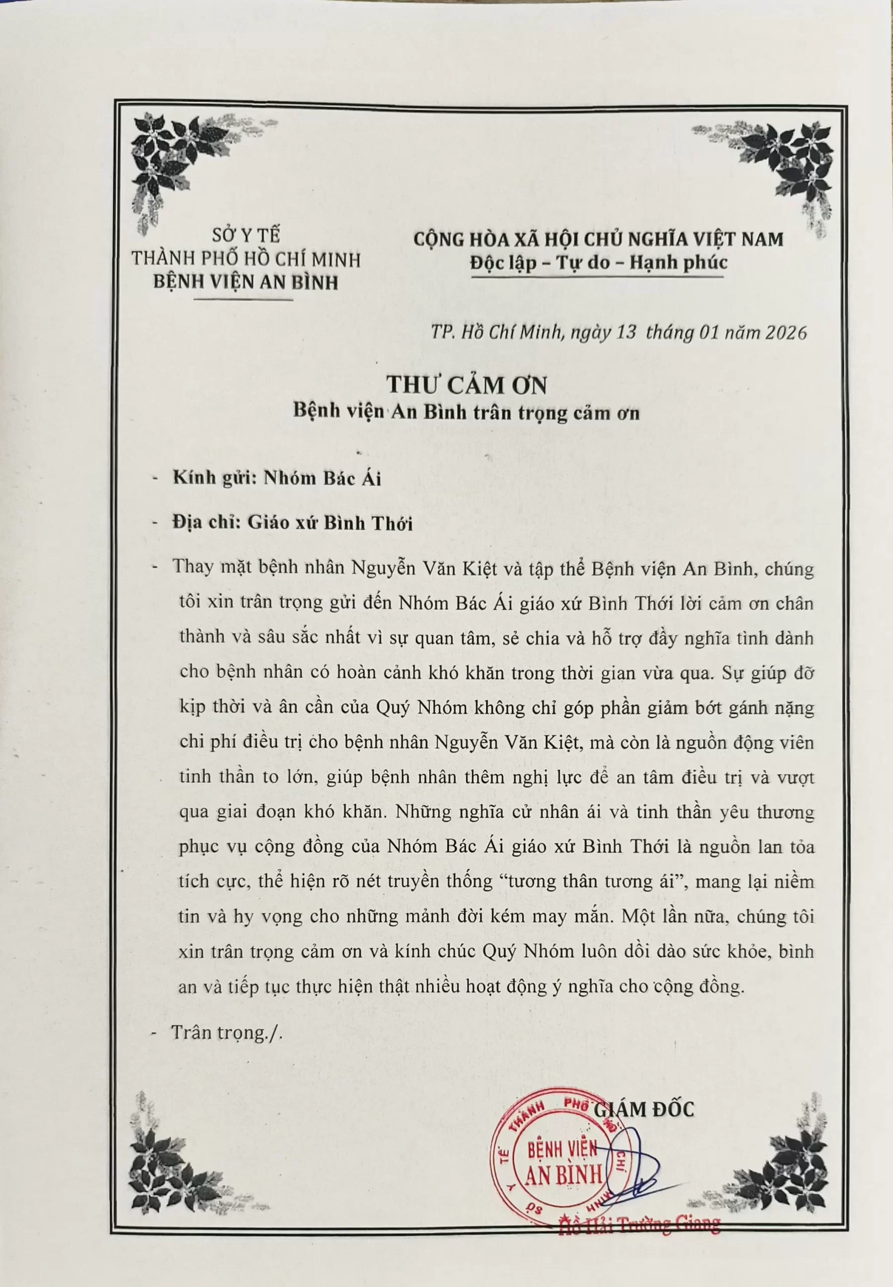 Thư cám ơn Nhóm Bác Ái – Giáo xứ Bình Thới