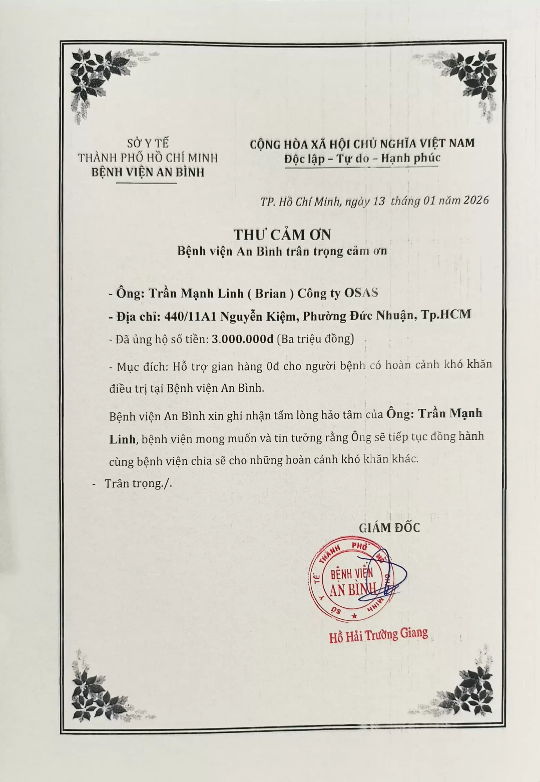 Thư cám ơn Ông Trần Mạnh Linh
